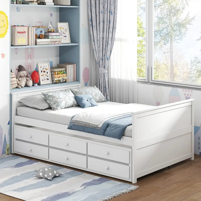 Full Size Bed Frame with Twin Trundle and 3 Storage Drawers for Teens Adults-White - White - Trundle Bed Frame