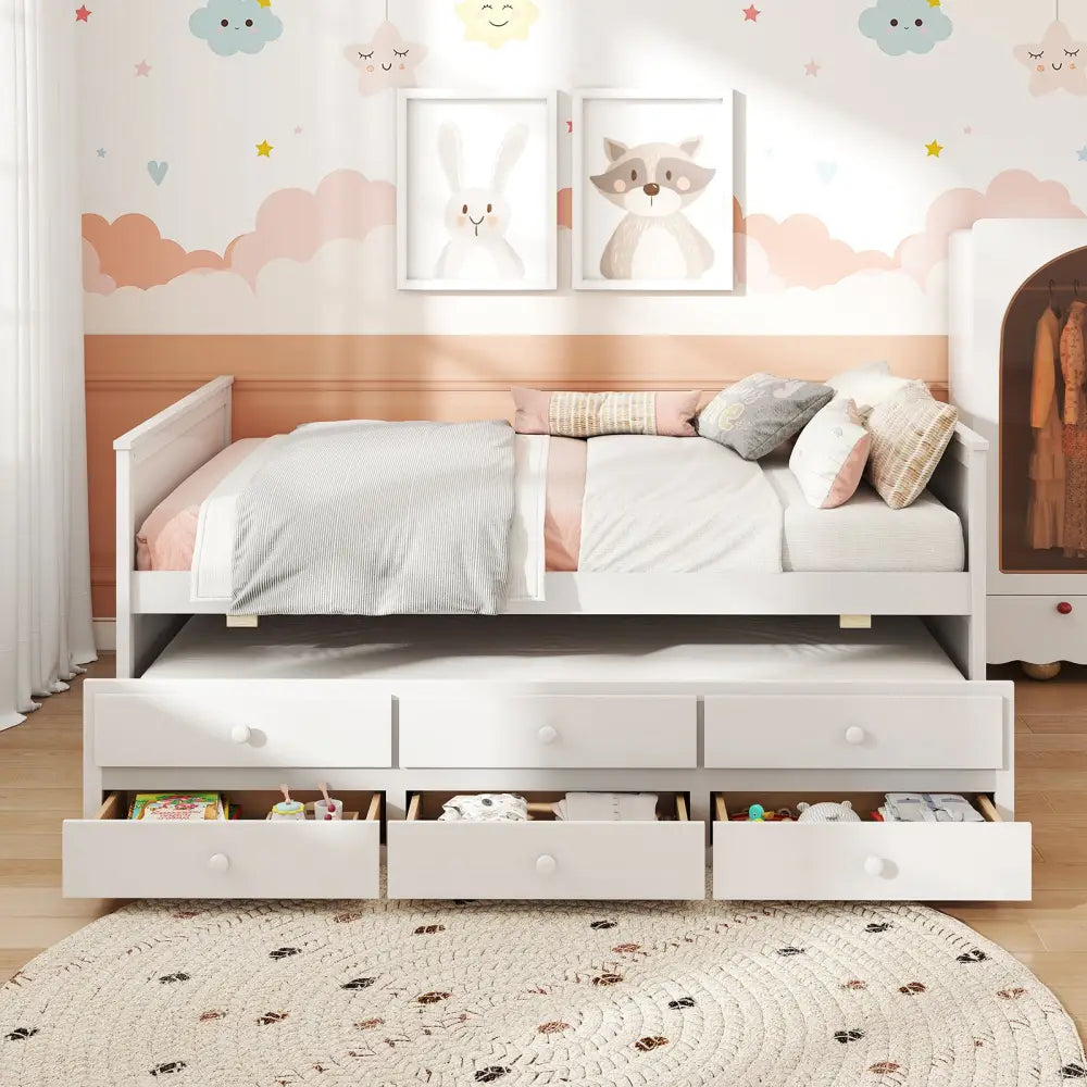 Full Size Bed Frame with Twin Trundle and 3 Storage Drawers for Teens Adults-White - White - Trundle Bed Frame