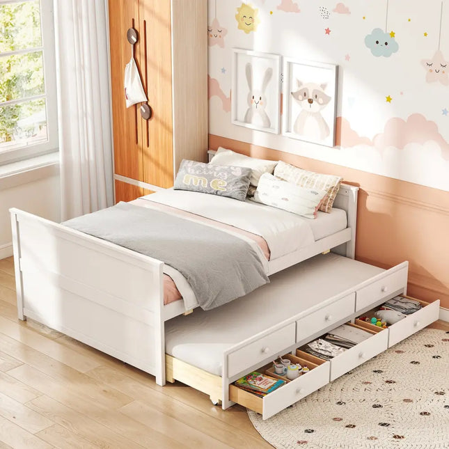 Full Size Bed Frame with Twin Trundle and 3 Storage Drawers for Teens Adults-White - White - Trundle Bed Frame