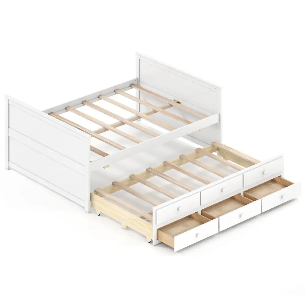 Full Size Bed Frame with Twin Trundle and 3 Storage Drawers for Teens Adults-White - White - Trundle Bed Frame