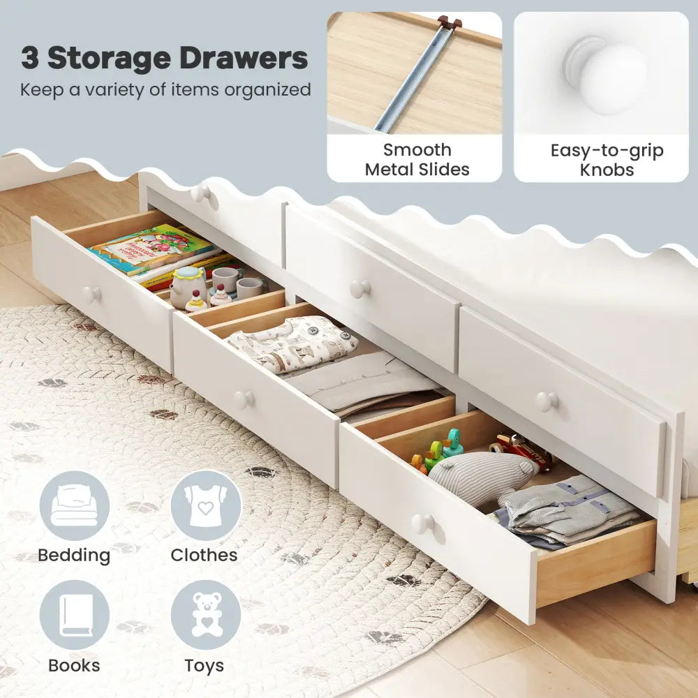 Full Size Bed Frame with Twin Trundle and 3 Storage Drawers for Teens Adults-White - White - Trundle Bed Frame
