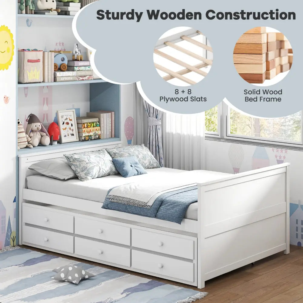 Full Size Bed Frame with Twin Trundle and 3 Storage Drawers for Teens Adults-White - White - Trundle Bed Frame