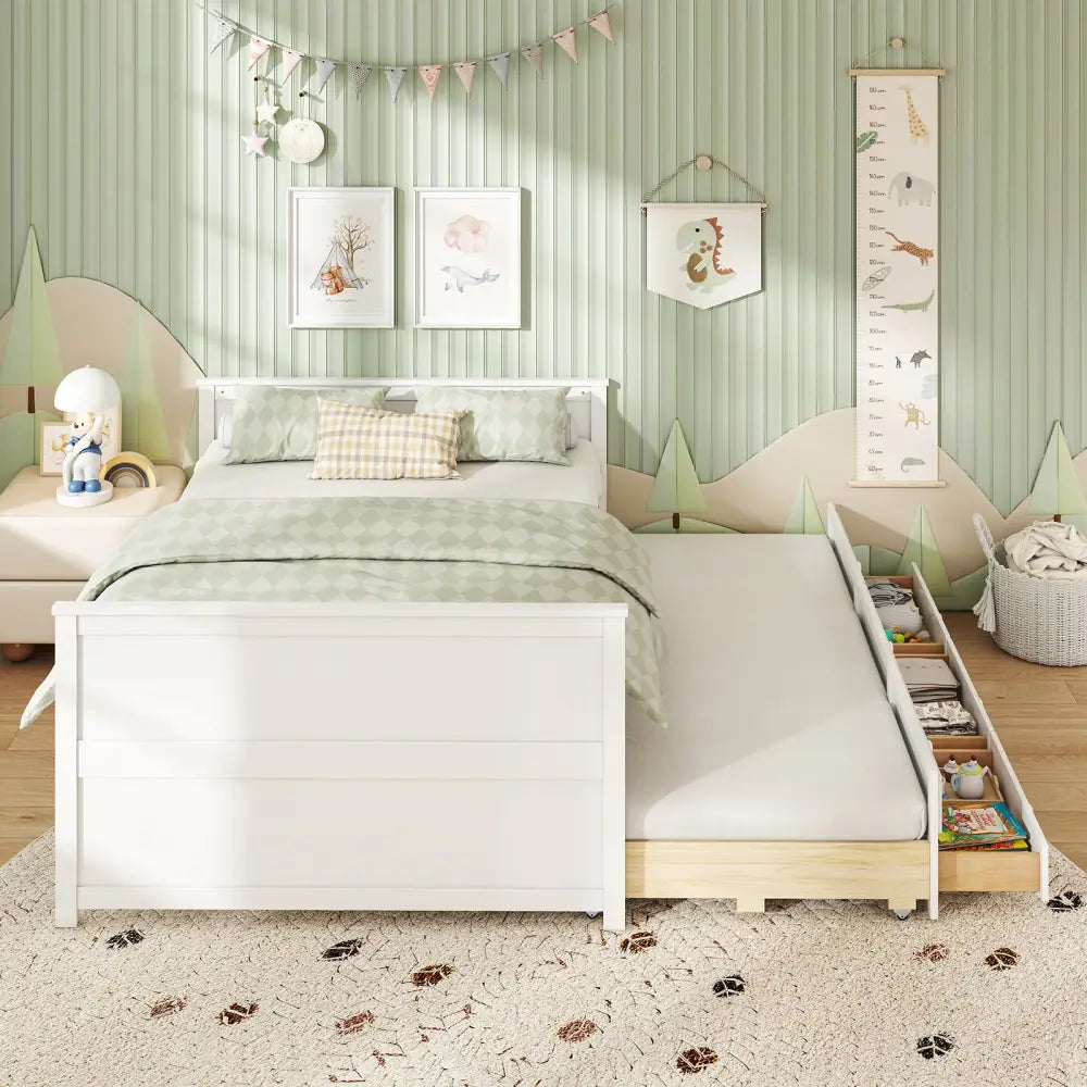 Full Size Bed Frame with Twin Trundle and 3 Storage Drawers for Teens Adults-White - White - Trundle Bed Frame