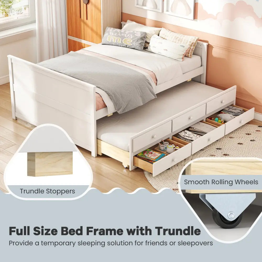 Full Size Bed Frame with Twin Trundle and 3 Storage Drawers for Teens Adults-White - White - Trundle Bed Frame