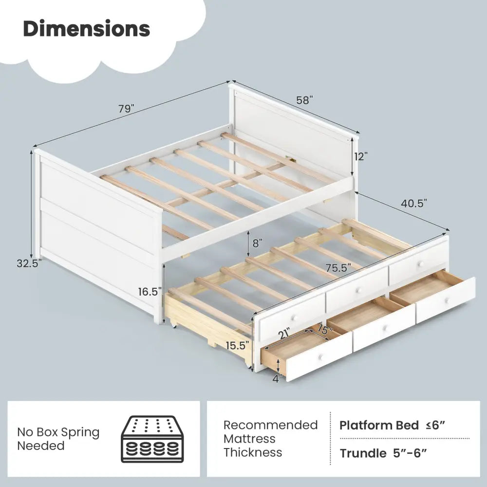 Full Size Bed Frame with Twin Trundle and 3 Storage Drawers for Teens Adults-White - White - Trundle Bed Frame