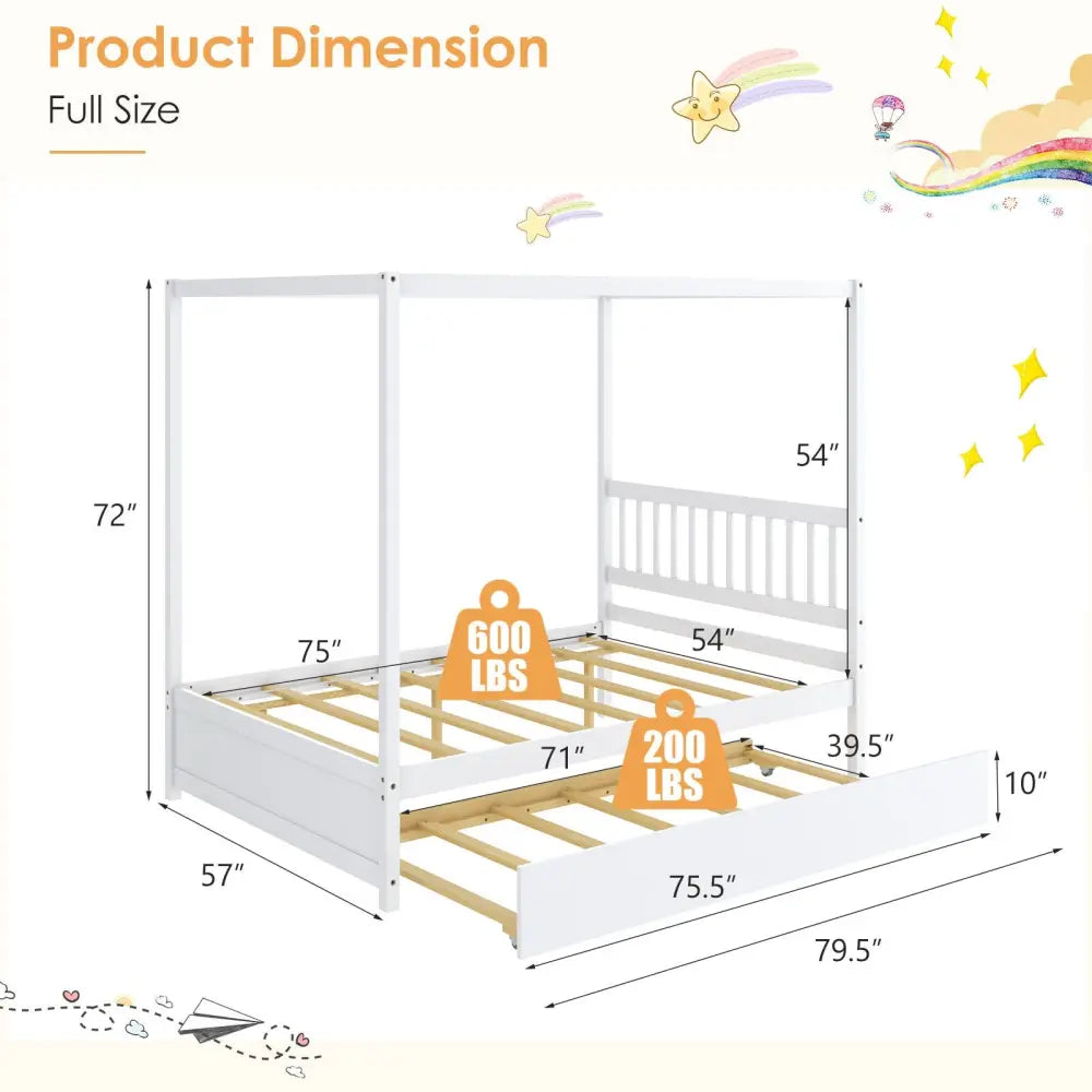 Full Size Canopy Bed with Trundle Wooden Platform Bed Frame Headboard-White - White - Trundle Bed Frame