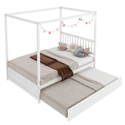 Full Size Canopy Bed with Trundle Wooden Platform Bed Frame Headboard-White - White - Trundle Bed Frame