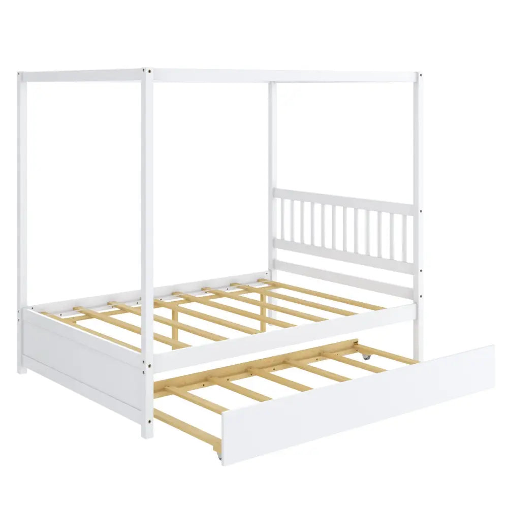 Full Size Canopy Bed with Trundle Wooden Platform Bed Frame Headboard-White - White - Trundle Bed Frame