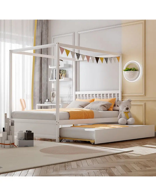 Full Size Canopy Bed with Trundle Wooden Platform Bed Frame Headboard-White - White - Trundle Bed Frame