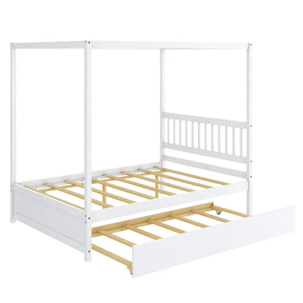 Full Size Canopy Bed with Trundle Wooden Platform Bed Frame Headboard-White - White - Trundle Bed Frame