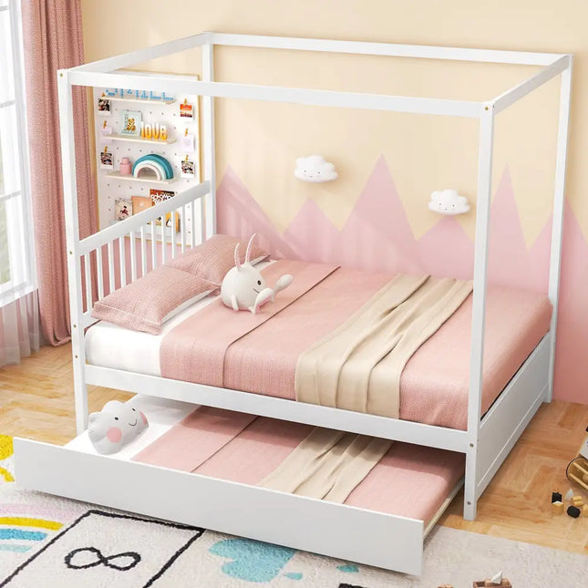 Full Size Canopy Bed with Trundle Wooden Platform Bed Frame Headboard-White - White - Trundle Bed Frame