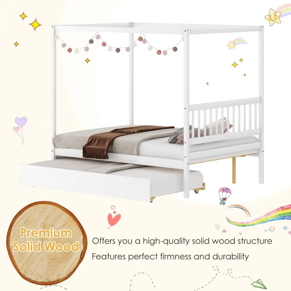 Full Size Canopy Bed with Trundle Wooden Platform Bed Frame Headboard-White - White - Trundle Bed Frame