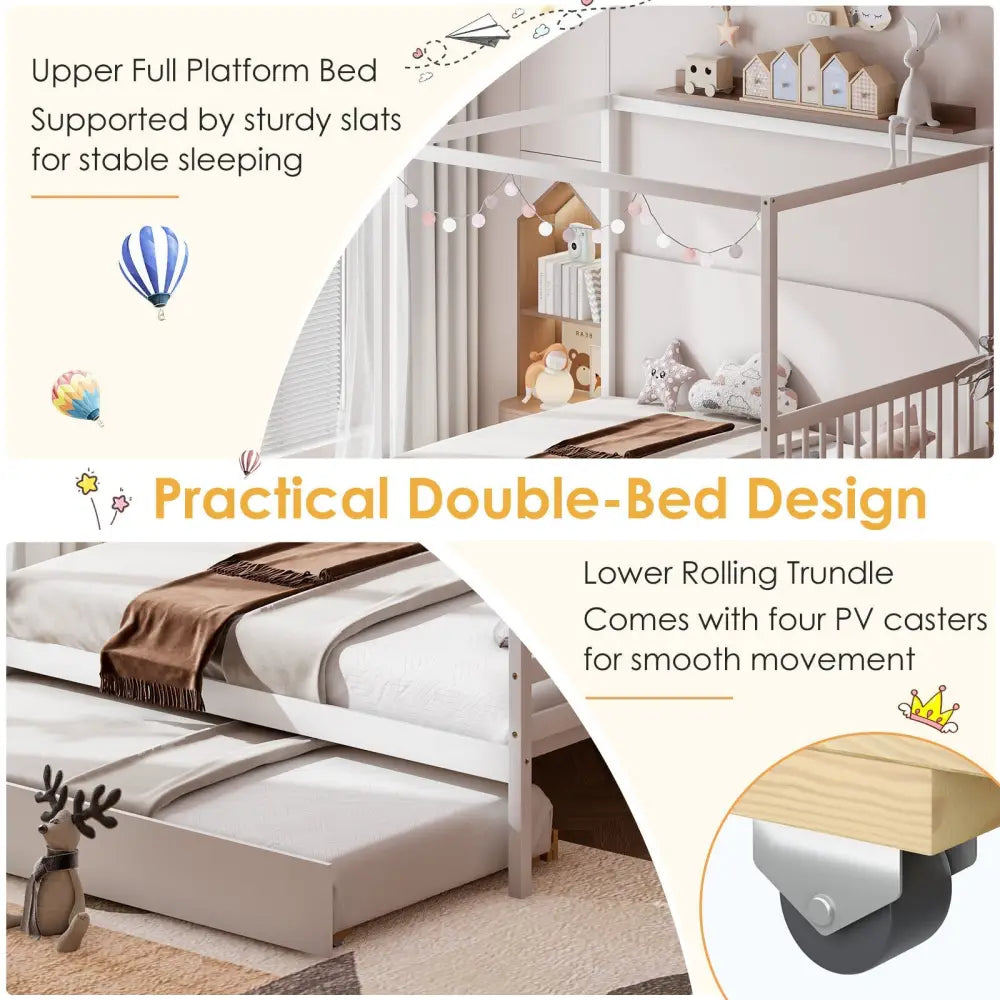 Full Size Canopy Bed with Trundle Wooden Platform Bed Frame Headboard-White - White - Trundle Bed Frame