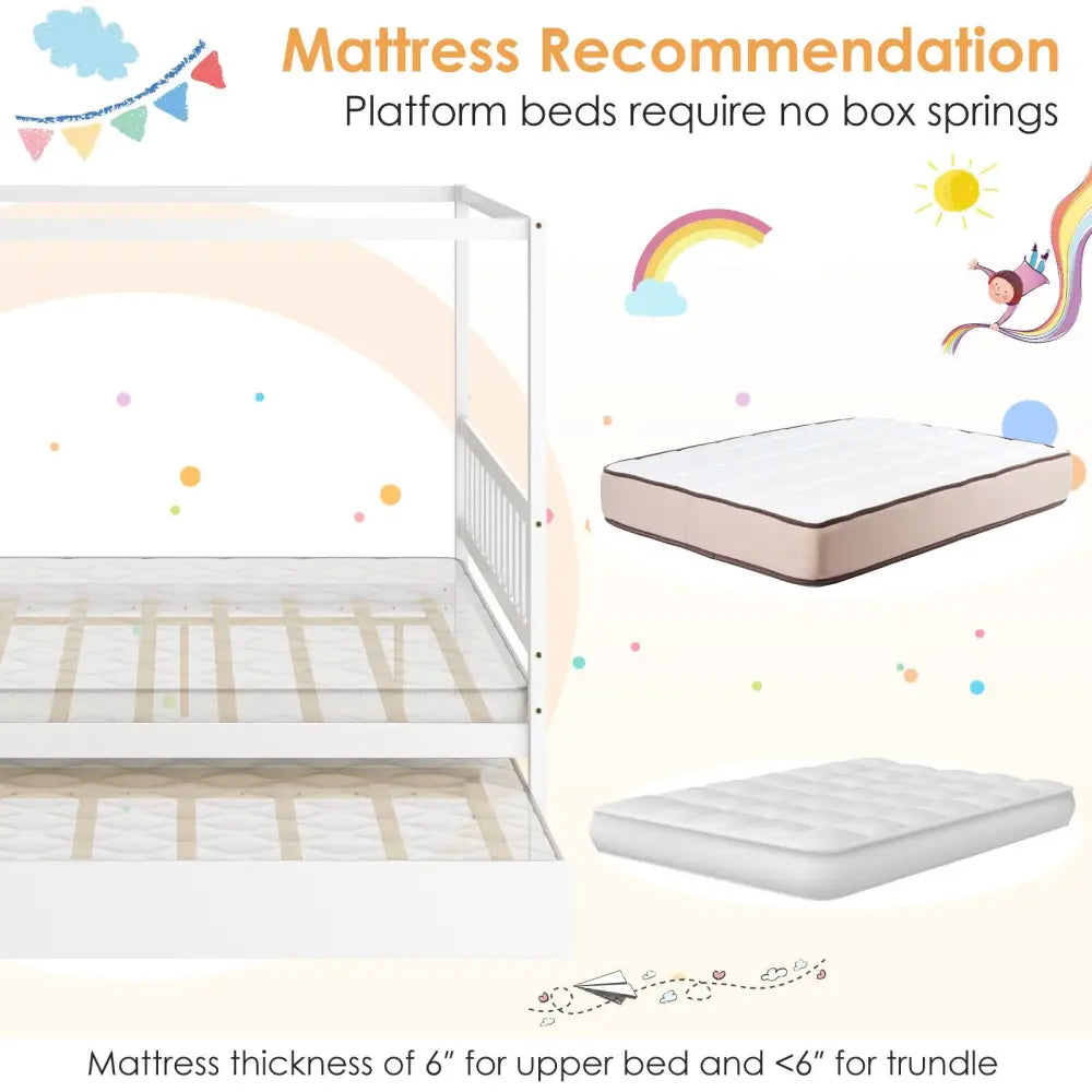 Full Size Canopy Bed with Trundle Wooden Platform Bed Frame Headboard-White - White - Trundle Bed Frame