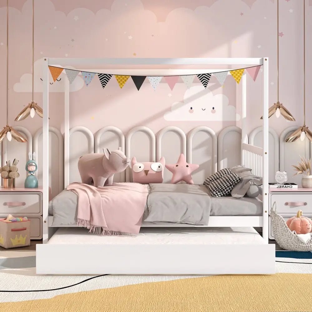 Full Size Canopy Bed with Trundle Wooden Platform Bed Frame Headboard-White - White - Trundle Bed Frame