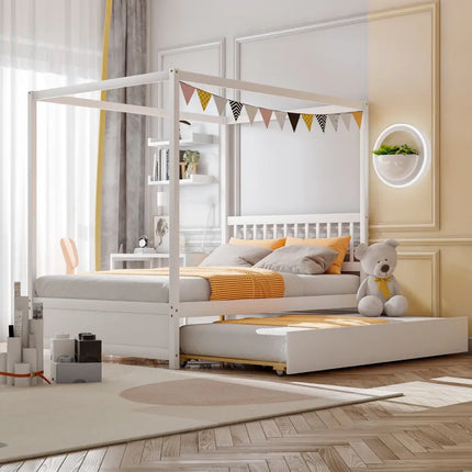Full Size Canopy Bed with Trundle Wooden Platform Bed Frame Headboard-White - White - Trundle Bed Frame