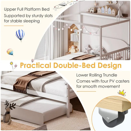 Full Size Canopy Bed with Trundle Wooden Platform Bed Frame Headboard-White - White - Trundle Bed Frame