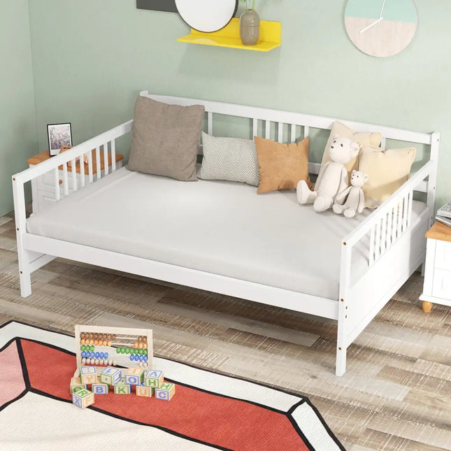 Full Size Daybed Frame with Guardrails-White - White - Trundle Bed Frame