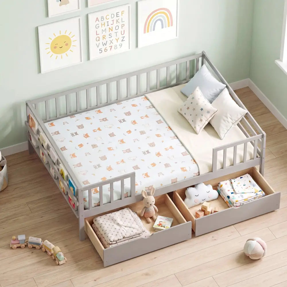 Full Size Daybed with Fence and 2 Drawers for Boys and Girls-Gray - Gray - Trundle Bed Frame