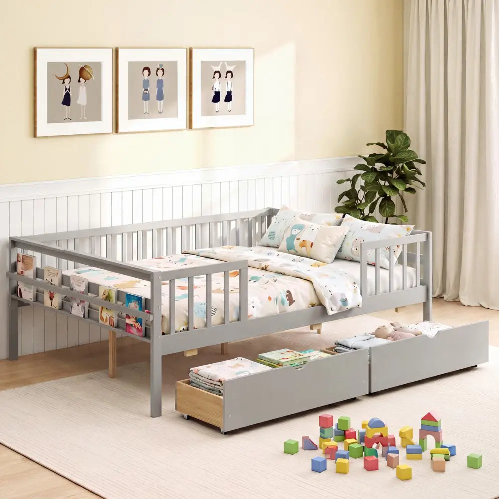 Full Size Daybed with Fence and 2 Drawers for Boys and Girls-Gray - Gray - Trundle Bed Frame
