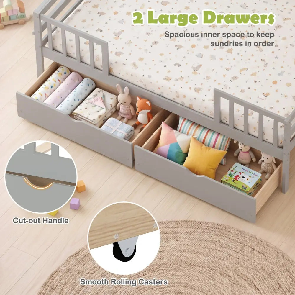 Full Size Daybed with Fence and 2 Drawers for Boys and Girls-Gray - Gray - Trundle Bed Frame