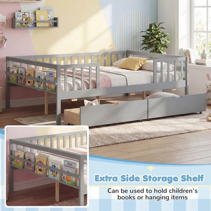 Full Size Daybed with Fence and 2 Drawers for Boys and Girls-Gray - Gray - Trundle Bed Frame