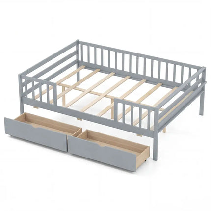 Full Size Daybed with Fence and 2 Drawers for Boys and Girls-Gray - Gray - Trundle Bed Frame