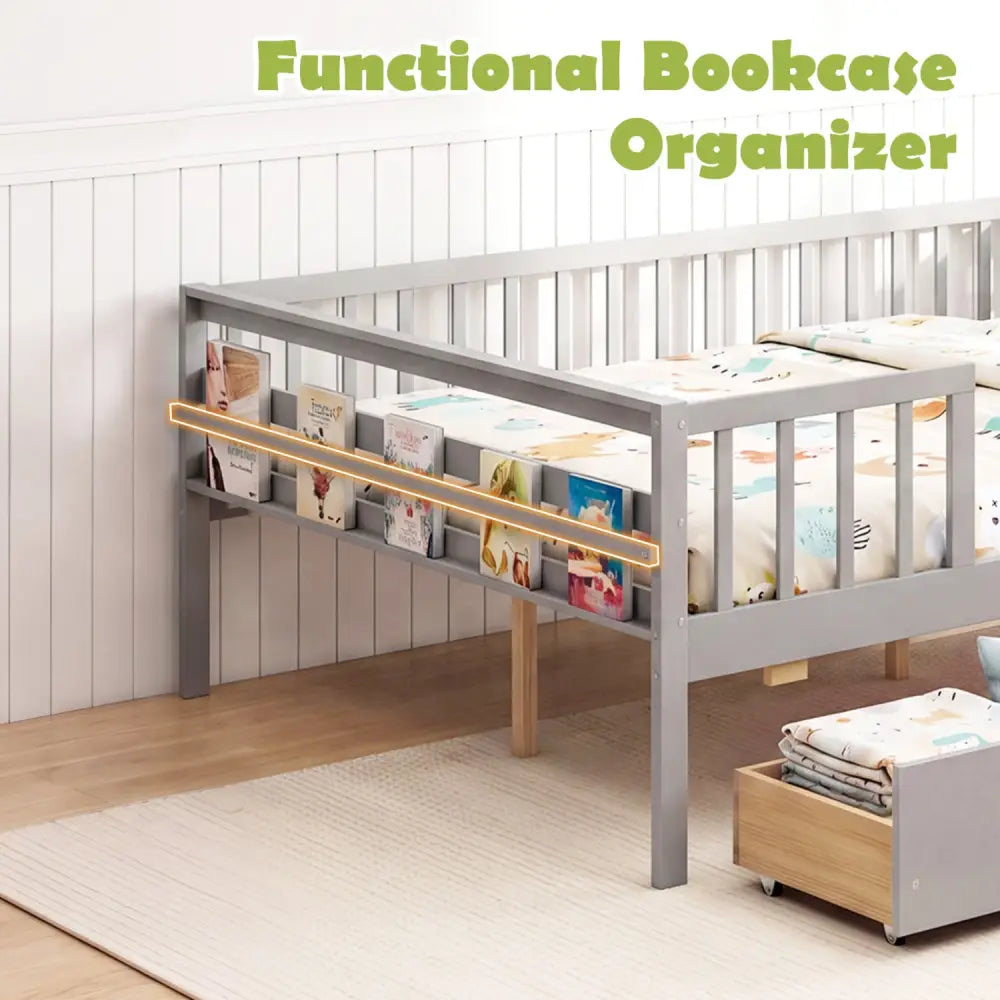Full Size Daybed with Fence and 2 Drawers for Boys and Girls-Gray - Gray - Trundle Bed Frame