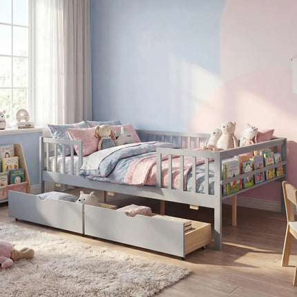 Full Size Daybed with Fence and 2 Drawers for Boys and Girls-Gray - Gray - Trundle Bed Frame