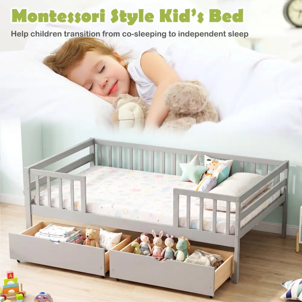 Full Size Daybed with Fence and 2 Drawers for Boys and Girls-Gray - Gray - Trundle Bed Frame