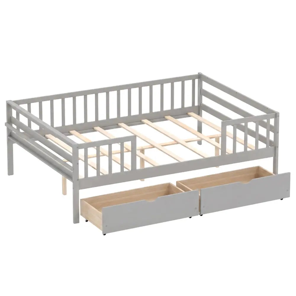 Full Size Daybed with Fence and 2 Drawers for Boys and Girls-Gray - Gray - Trundle Bed Frame