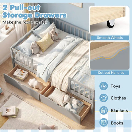 Full Size Daybed with Fence and 2 Drawers for Boys and Girls-Gray - Gray - Trundle Bed Frame
