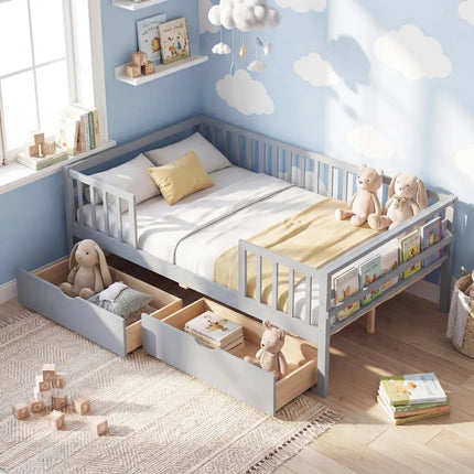 Full Size Daybed with Fence and 2 Drawers for Boys and Girls-Gray - Gray - Trundle Bed Frame