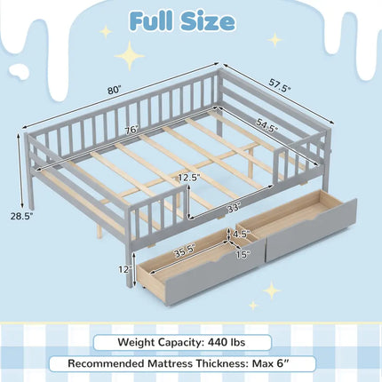 Full Size Daybed with Fence and 2 Drawers for Boys and Girls-Gray - Gray - Trundle Bed Frame
