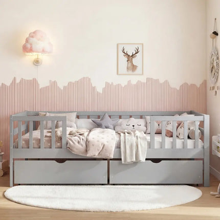 Full Size Daybed with Fence and 2 Drawers for Boys and Girls-Gray - Gray - Trundle Bed Frame