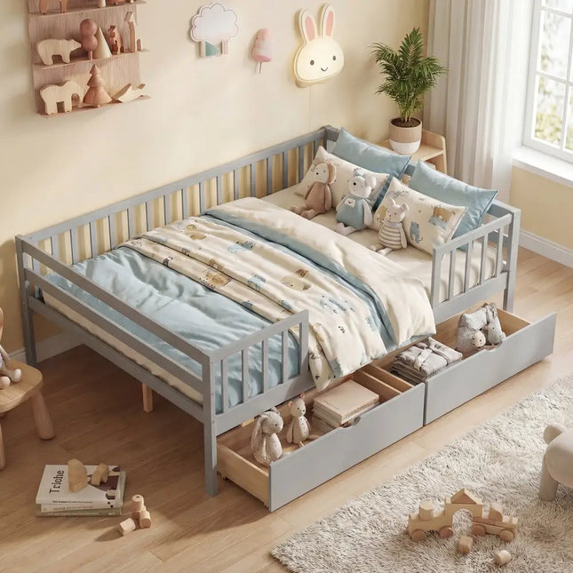 Full Size Daybed with Fence and 2 Drawers for Boys and Girls-Gray - Gray - Trundle Bed Frame