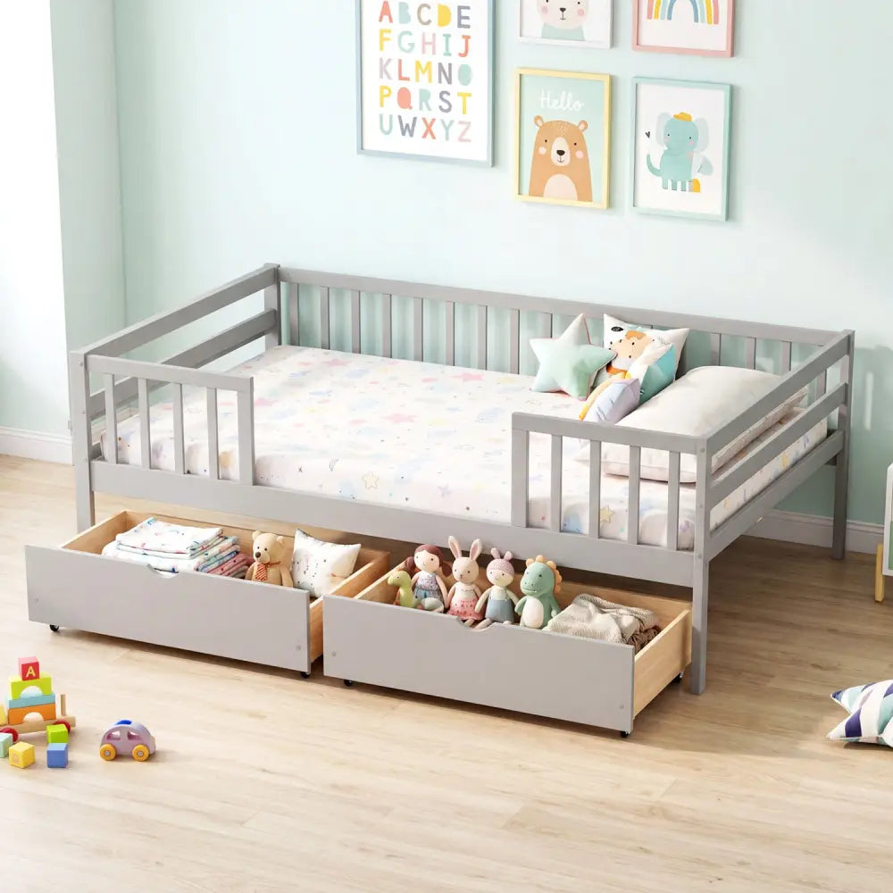 Full Size Daybed with Fence and 2 Drawers for Boys and Girls-Gray - Gray - Trundle Bed Frame