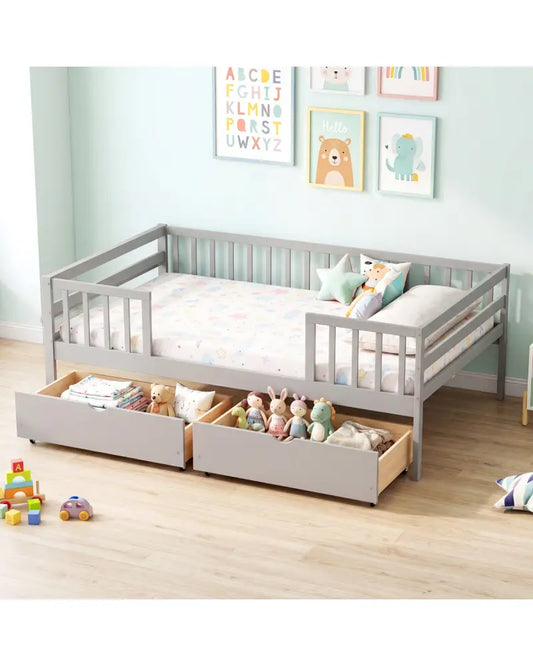 Full Size Daybed with Fence and 2 Drawers for Boys and Girls-Gray - Gray - Trundle Bed Frame