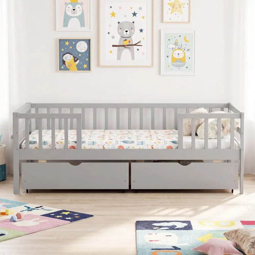 Full Size Daybed with Fence and 2 Drawers for Boys and Girls-Gray - Gray - Trundle Bed Frame