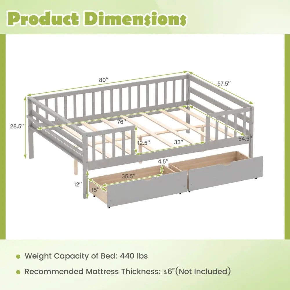 Full Size Daybed with Fence and 2 Drawers for Boys and Girls-Gray - Gray - Trundle Bed Frame