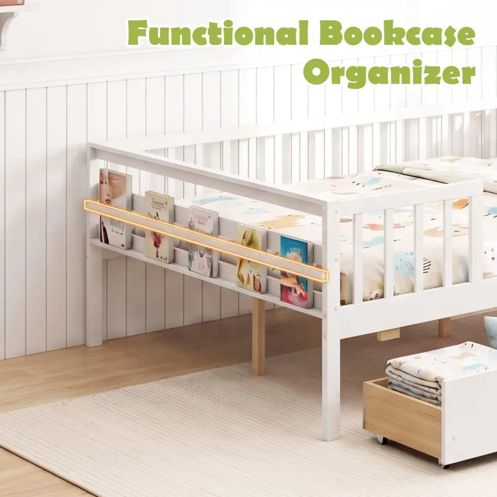 Full Size Daybed with Fence and 2 Drawers for Boys and Girls-White - White - Trundle Bed Frame