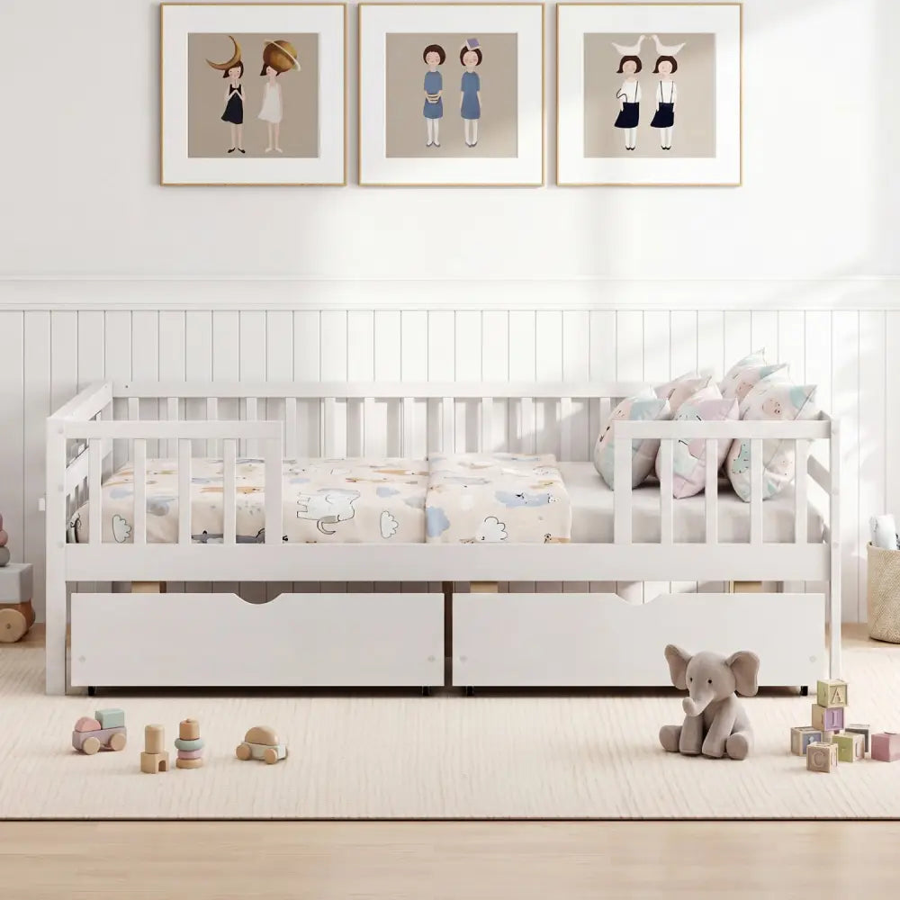 Full Size Daybed with Fence and 2 Drawers for Boys and Girls-White - White - Trundle Bed Frame