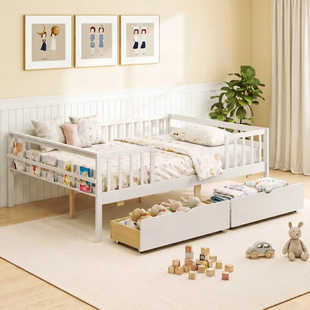 Full Size Daybed with Fence and 2 Drawers for Boys and Girls-White - White - Trundle Bed Frame