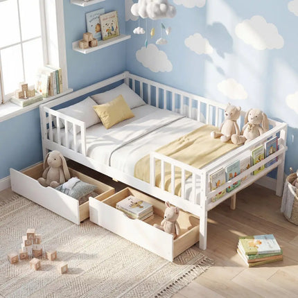 Full Size Daybed with Fence and 2 Drawers for Boys and Girls-White - White - Trundle Bed Frame