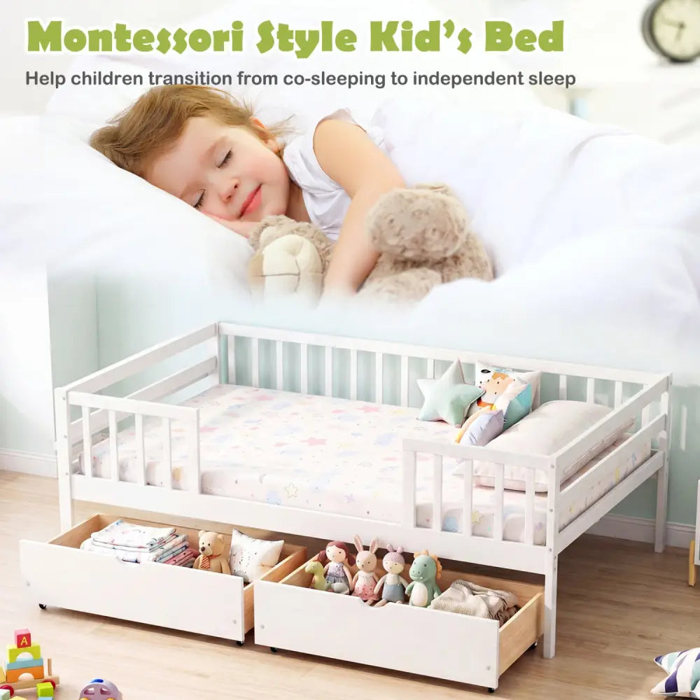Full Size Daybed with Fence and 2 Drawers for Boys and Girls-White - White - Trundle Bed Frame