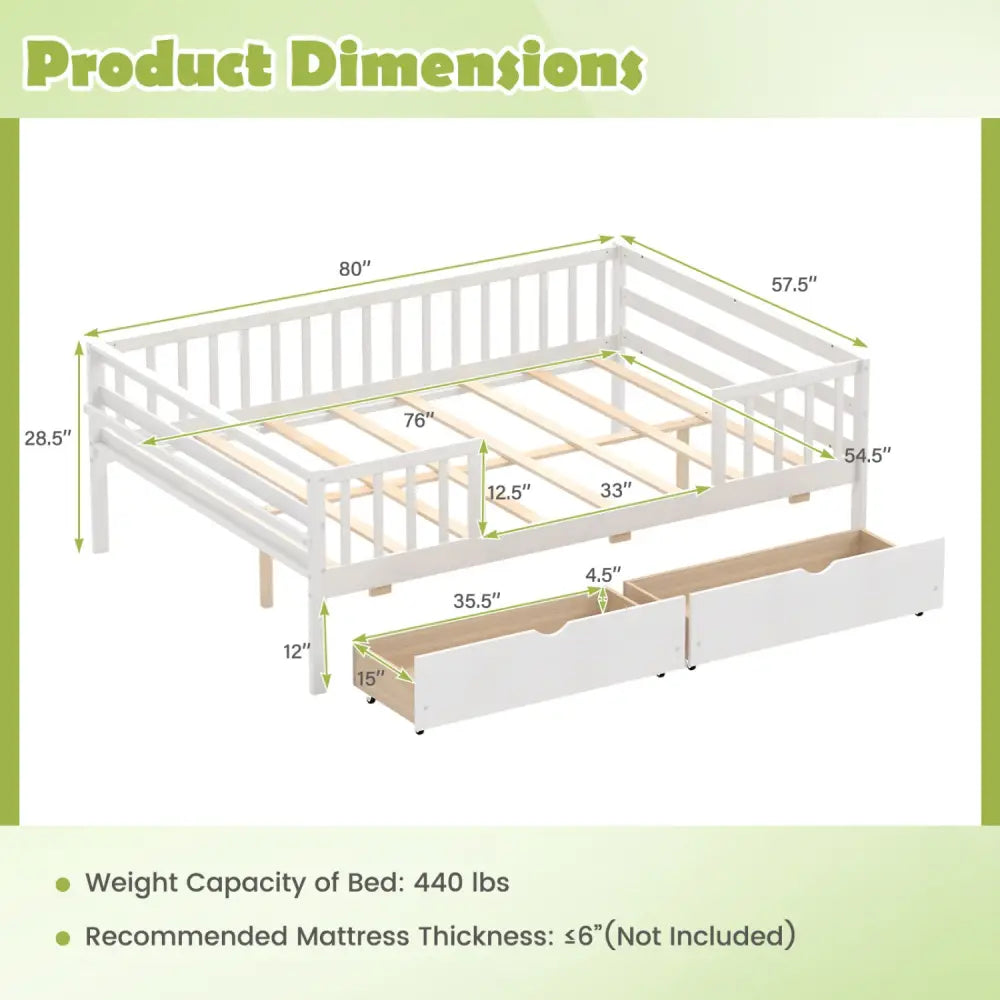 Full Size Daybed with Fence and 2 Drawers for Boys and Girls-White - White - Trundle Bed Frame