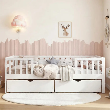 Full Size Daybed with Fence and 2 Drawers for Boys and Girls-White - White - Trundle Bed Frame