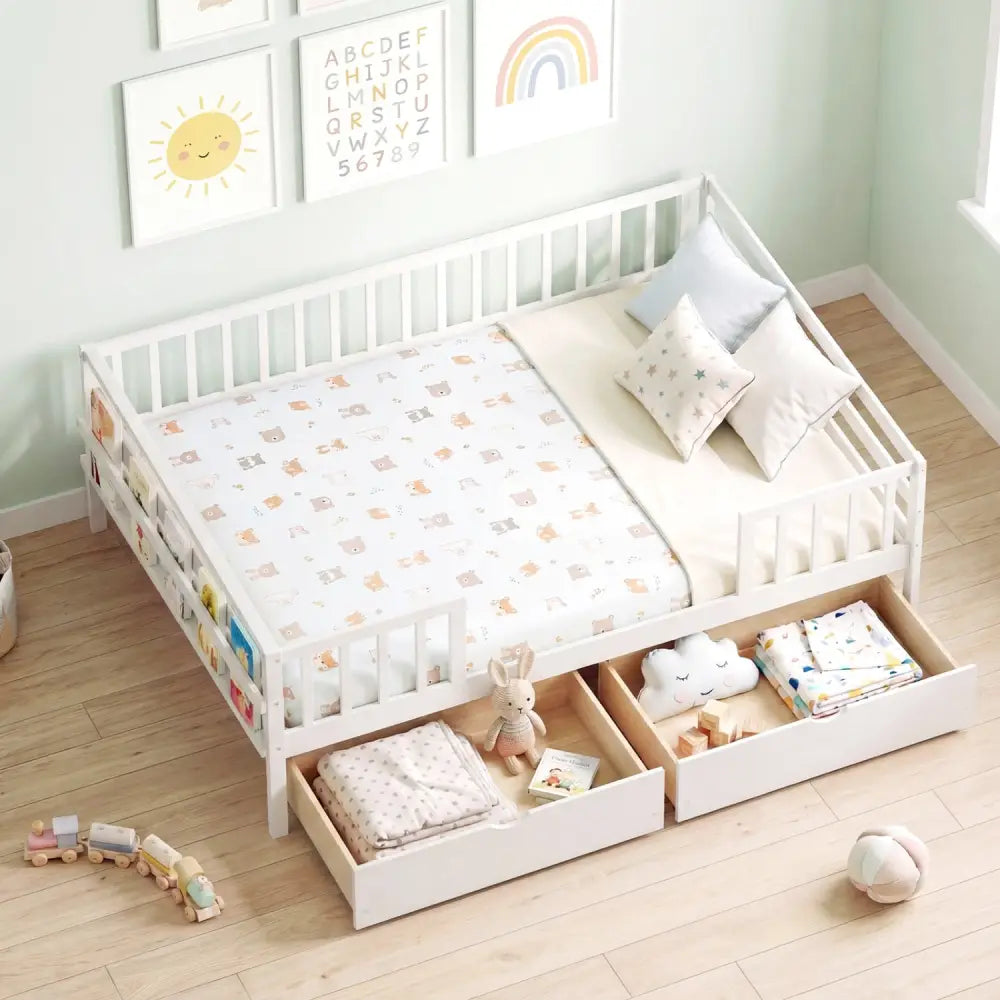Full Size Daybed with Fence and 2 Drawers for Boys and Girls-White - White - Trundle Bed Frame