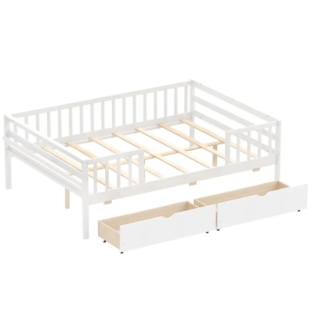 Full Size Daybed with Fence and 2 Drawers for Boys and Girls-White - White - Trundle Bed Frame