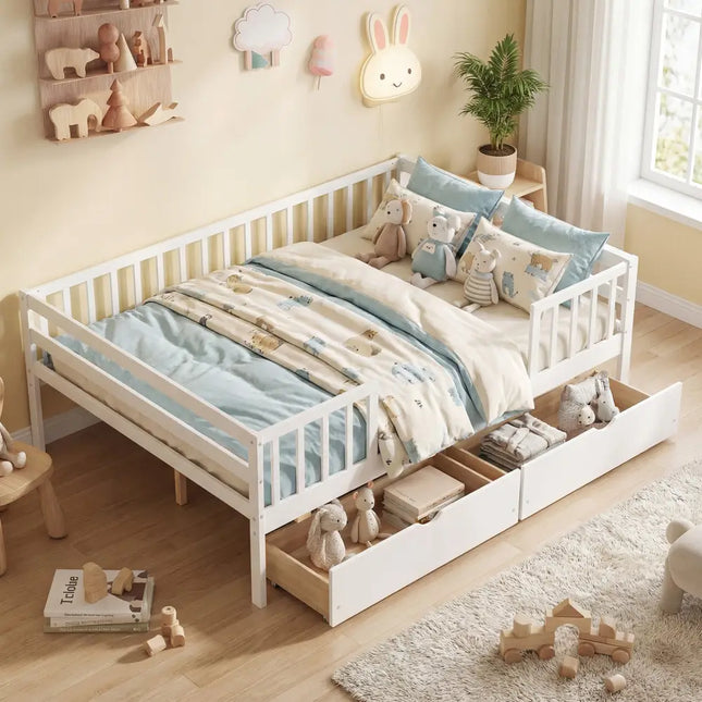 Full Size Daybed with Fence and 2 Drawers for Boys and Girls-White - White - Trundle Bed Frame